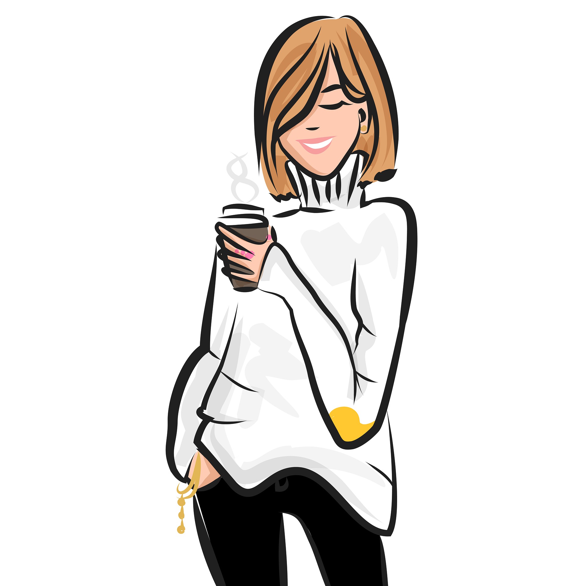 ON THE BLOG Marketing, Virtual Assistant's, Branding, and Coaching. Blonde with coffee in sweater cartoon drawing